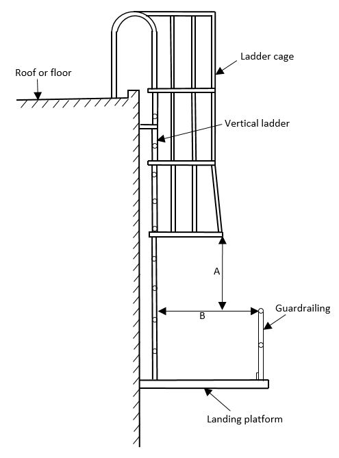 Vertical caged ladder with guardrailing on a landing
