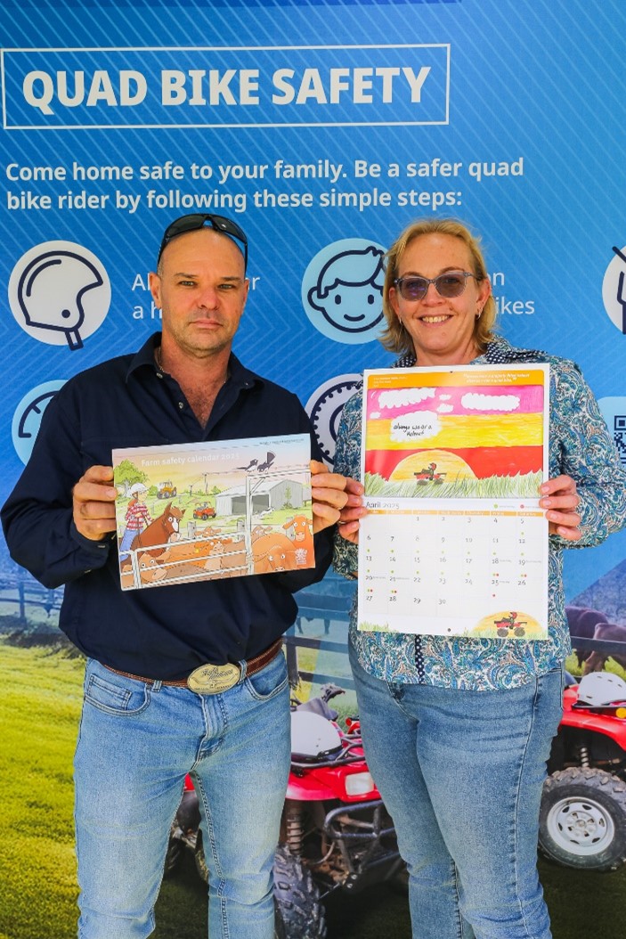 ario and Jodie Cocco display the Farm Safety Calendar from 2025 at Ekka Beef Week in Brisbane